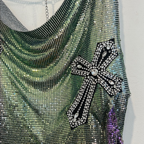 Dolls Kill Current Mood chainmail iridescent Gothic cross Mini Dress women’s Lg - Picture 4 of 16